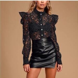 Lulus Respect black white polka dot lace rhinestone button top size Medium